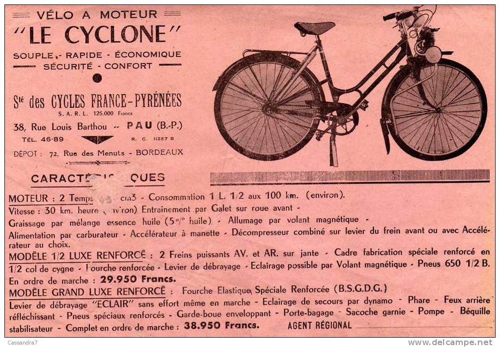 Le CYCLONE  -  Velo à Moteur - Societe Des Cycles France-Pyrenees à Pau (B;P) - Publicités