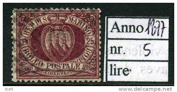1877 San Marino, Stemma Nr.5 Usato - Used Stamps