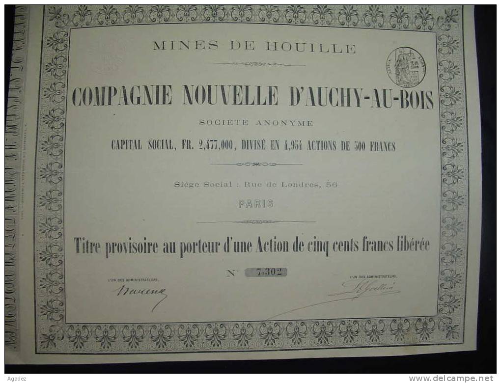 Titre Provisoire De 1 Action Mines De Houille " Cie Nouvelle D'Auchy-au-Bois " Paris Charbon. - Mines