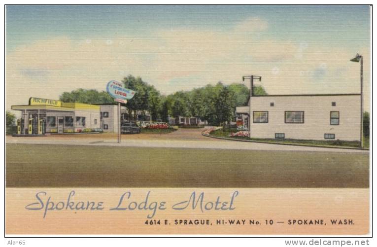 Spokane WA,  Richfield Service Gas Station And Spokane Lodge Motel On 1950 Vintage Curteich Linen Postcard - Spokane
