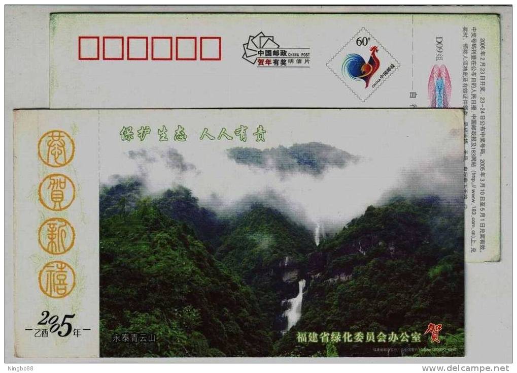 Mountain Waterfall,Protect Ecological Environment,CN 05 Fujian Greening Committee Advertising Pre-stamped Card - Other & Unclassified