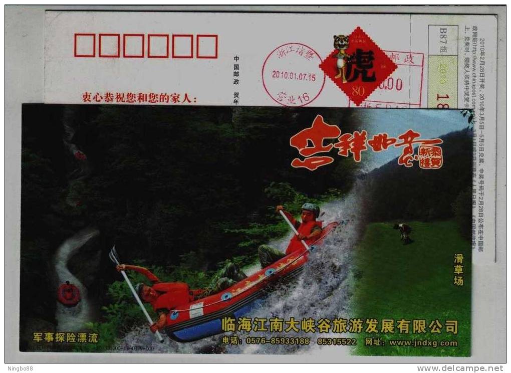 Canyon Drifting On Rubber Boat,artificial Grassland Skiing,CN10 Linhai Jiangnan Grand Canyon Tourism Pre-stamped Card - Rafting
