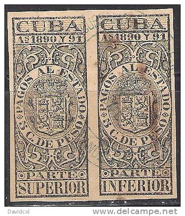 N466.-.CUBA .- .1890-1891.-. B.O.B.  PAGOS AL ESTADO - PAREJA -  5 CVS. DE PESO - Timbres-taxe