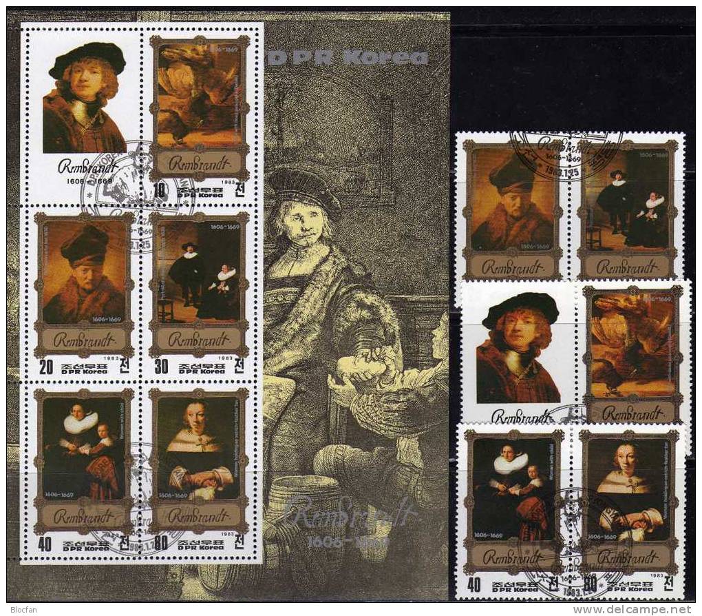 Berühmte Bilder Maler Rembrandt 1983 Korea 2327/32+Block 137/8 O 20€ Gemälde Bloque M/s Art Bloc Painting Sheet Bf Corea - Tableaux