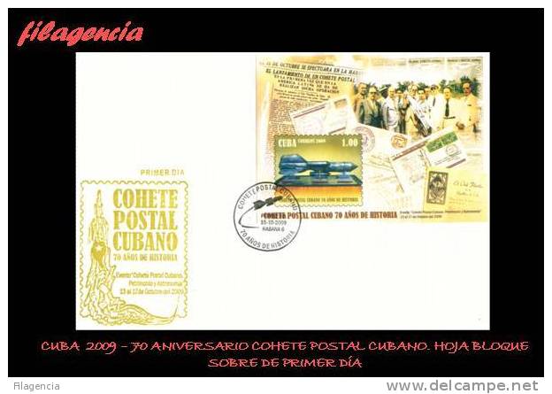 AMERICA. CUBA SPD-FDC. 2009 70 ANIVERSARIO DEL COHETE POSTAL CUBANO. HOJA BLOQUE - FDC