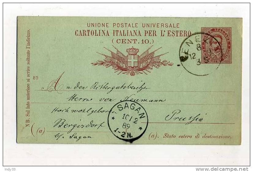 - ITALIE 1878/1900 . ENTIER POSTAL SUR  CP DE 1889   POUR L´ALLEMAGNE . - Entiers Postaux