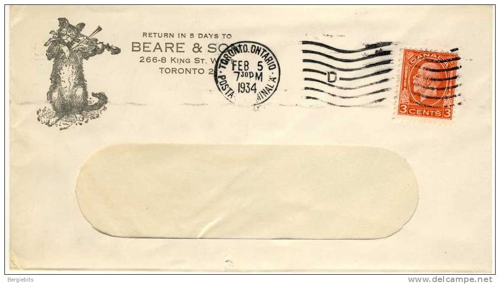 1934 Canada  Special Cachet Cover Of Beare & Sons Violin Specialists In Toronto - Covers & Documents