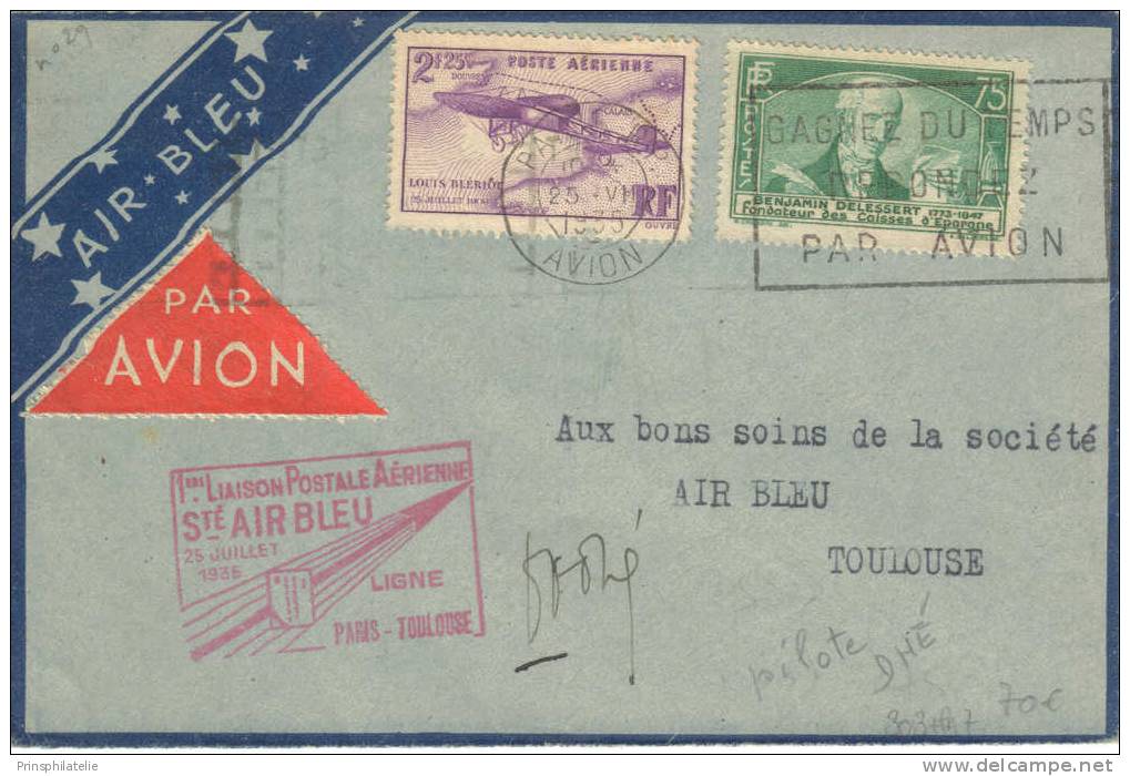 LETTRE AIR BLEU SIGNEE DU PILOTE DHE AU DEPART DE  PARIS 1935 - 1960-.... Brieven & Documenten