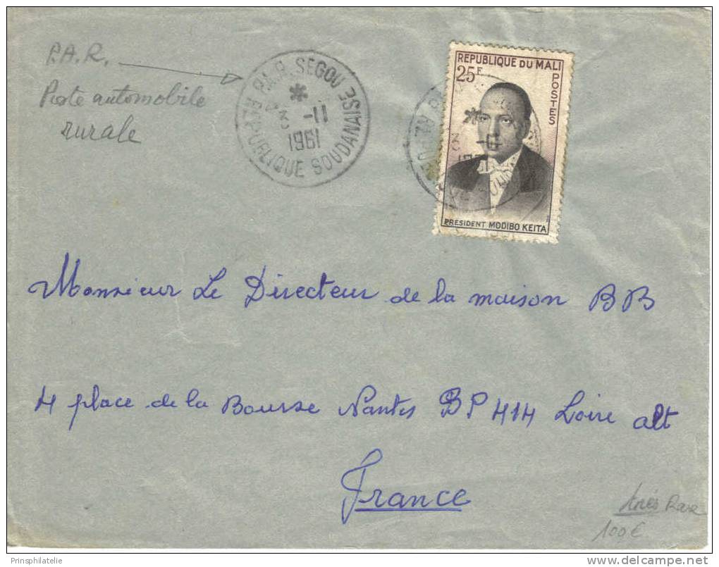 LETTRE OBLITEREE SEGOU (SOUDAN) POSTE AUTOMOBILE RURALE 1961 - Autres & Non Classés