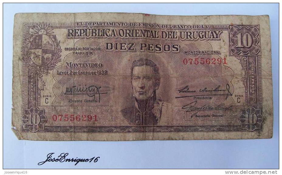 DIEZ PESOS URUGUAY, IMAGEN ARTIGAS. AÑO 1939 - Uruguay