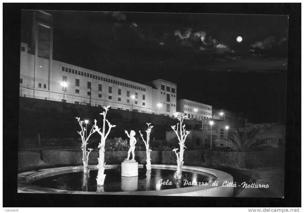 S1670 CARTOLINA ILLUSTRATA SICILIA CALTANISSETTA GELA PALAZZO DI CITTA' NOTTURNO FG. V. 1963 - Gela