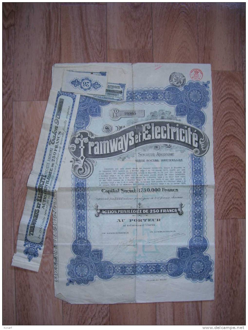 Titre Du TRAMWAYS Et Electricité De 250 Fr De 1925 De BRUXELLES ( Brussels ) . - Ferrovie & Tranvie
