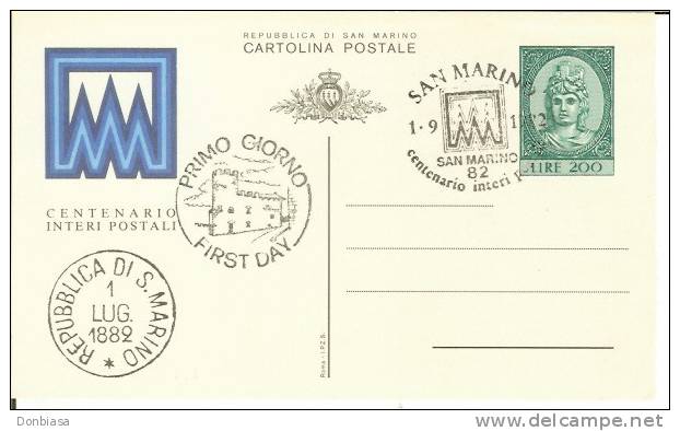 San Marino 1982 (Cartolina Postale): Centenario Interi Postali - Annullo Primo Giorno Di Emissione (FDC) - Interi Postali