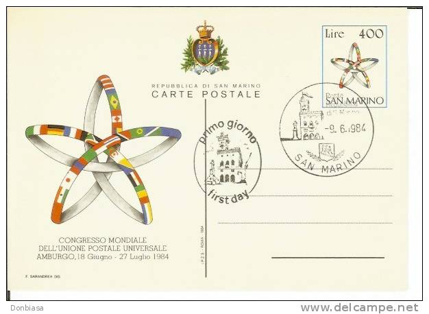 San Marino 1984 (Cartolina Postale): XIX Congr. UPU - Annullo Primo Giorno Di Emissione (FDC) - Interi Postali