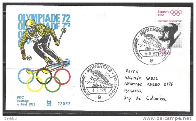 SA141-GERMANY / ALEMANIA .-. MI#: 686-F.D.C CIRCULATED TO COLOMBIA-WINTER OLYMPICS SAPPORO`72 - Winter 1972: Sapporo