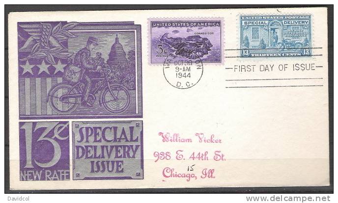 S351.-.USA / ESTADOS UNIDOS.-. 1944.-. SCOTT#: 925, E 17 - F.D.C. CIRCULATED  TO CHICAGO.  ARRIVAL CACHET - 1941-1950