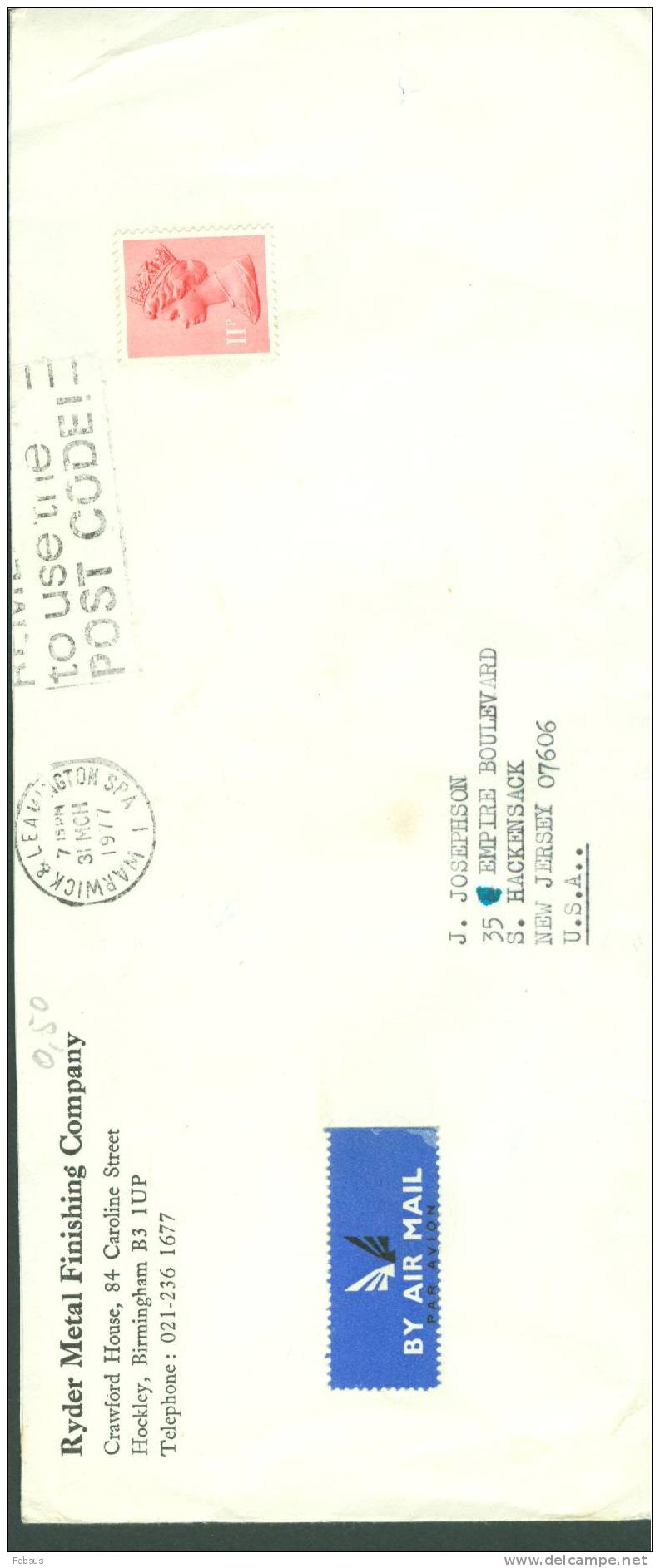 1977 RYDER METAL FINISHING COMPANY ENVELOPPE TO USA - Unclassified