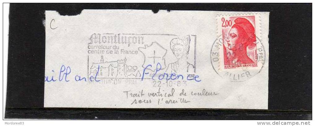 FLAMME SUR FRAGMENT MONTLUCON 22/10/1983 LIBERTE GANDON TRAIT VERTICAL SOUS L OREILLE - Brieven En Documenten