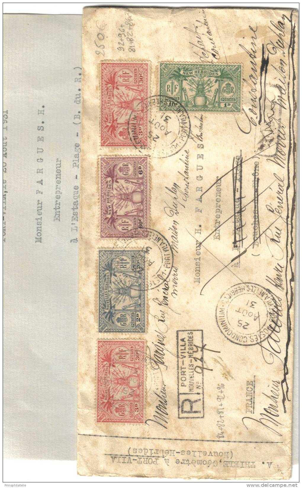 LETTRE RECOMMANDEE DE PORT VILLA 1931 NOUVELLES HEBRIDES - Sonstige & Ohne Zuordnung