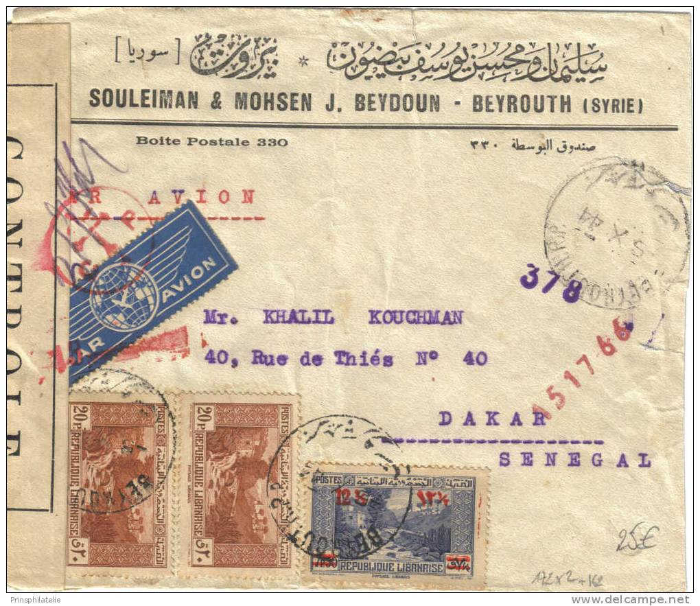 LETTRE DE BEYROUTH PAR AVION POUR DAKAR ET CENSUREE 1944 - Storia Postale