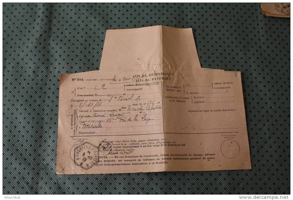 1933 AVIS DE RECEPTION L.R. / DE PAIEMENT N° 514 SUR DOCUMENT DE LA POSTE OMEC HEXAGONALE DE MARSEILLE SAINT Férréol - Telegraaf-en Telefoonzegels