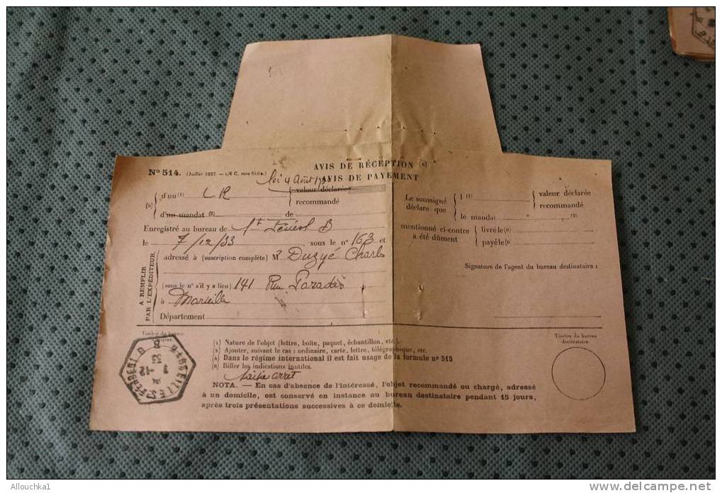 1933 AVIS DE RECEPTION L.R. / DE PAIEMENT N° 514 SUR DOCUMENT DE LA POSTE OMEC HEXAGONALE DE MARSEILLE SAINT Férréol - Télégraphes Et Téléphones