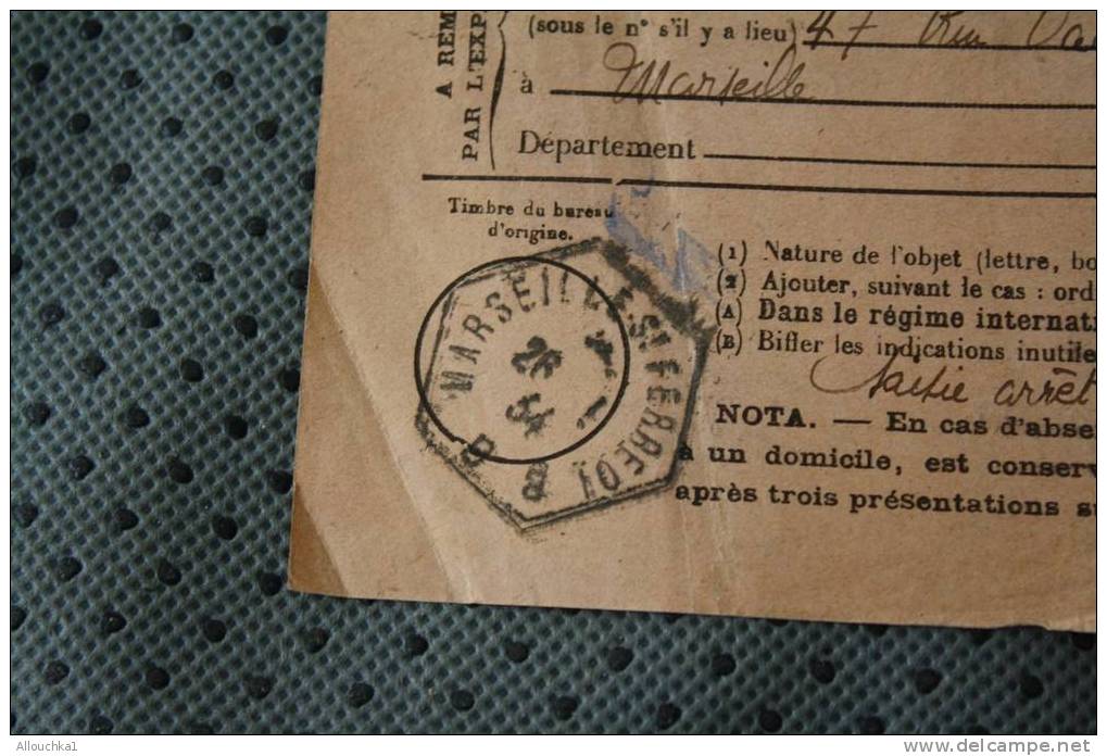 1934 AVIS DE RECEPTION L.R. / DE PAIEMENT N° 514 SUR DOCUMENT DE LA POSTE OMEC HEXAGONALE DE MARSEILLE SAINT Férréol - Telegraaf-en Telefoonzegels