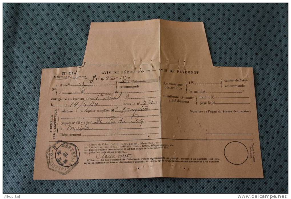 1934 AVIS DE RECEPTION L.R. / DE PAIEMENT N° 514 SUR DOCUMENT DE LA POSTE OMEC HEXAGONALE DE MARSEILLE SAINT Férréol - Telegraaf-en Telefoonzegels