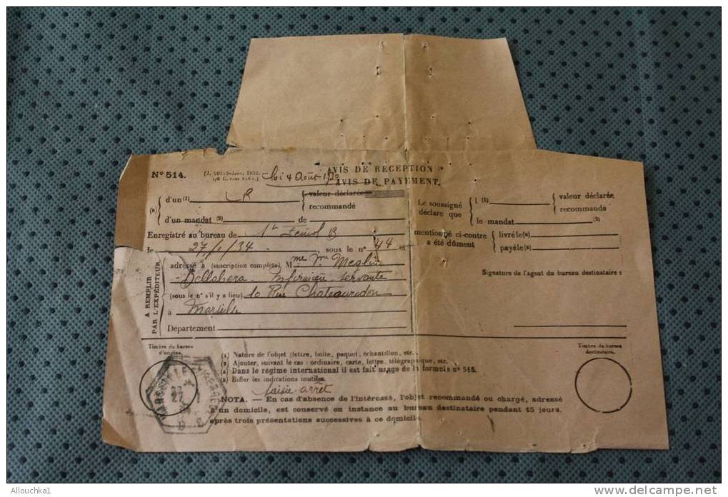 1934 AVIS DE RECEPTION L.R. / DE PAIEMENT N° 514 SUR DOCUMENT DE LA POSTE OMEC HEXAGONALE DE MARSEILLE SAINT Férréol - Telegraaf-en Telefoonzegels