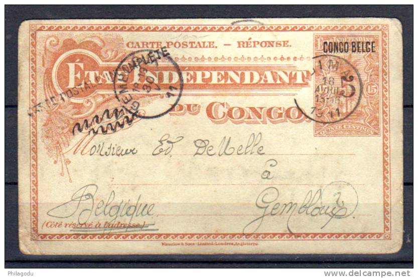 Carte Postale Réponse De L’Etat Indépendant Du Congo - Stamped Stationery