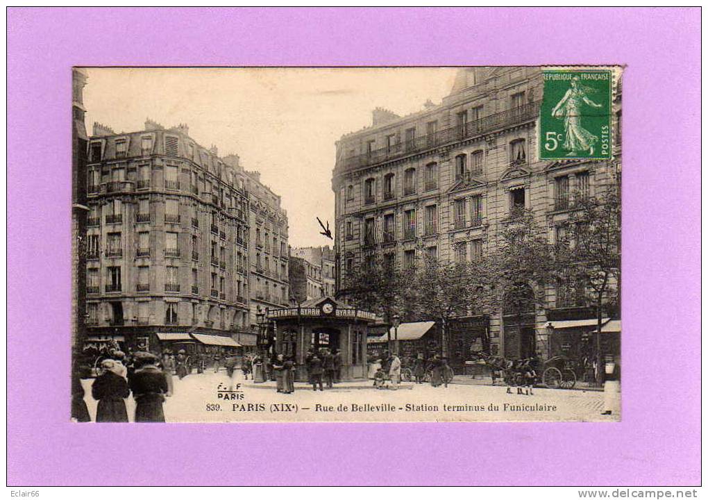 PARIS - 19em - Rue De Belleville, -Station Terminus Du Funiculaire  CPA Année 1913 Trés Animée Publicité (M) - Arrondissement: 19