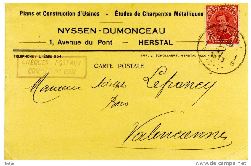 Herstal  - Carte Industrielle - Charpents Métalliques Nyssen-Dumonceau -1913  - 1( Voir Verso ) - Herstal