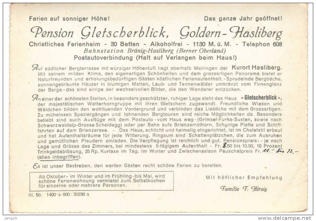 Zwitserland/Schweiz/Suisse, Goldern-Hasliberg, Pension Gletscherblick Und Wetterborngruppe, Ca. 1950 - Hasliberg
