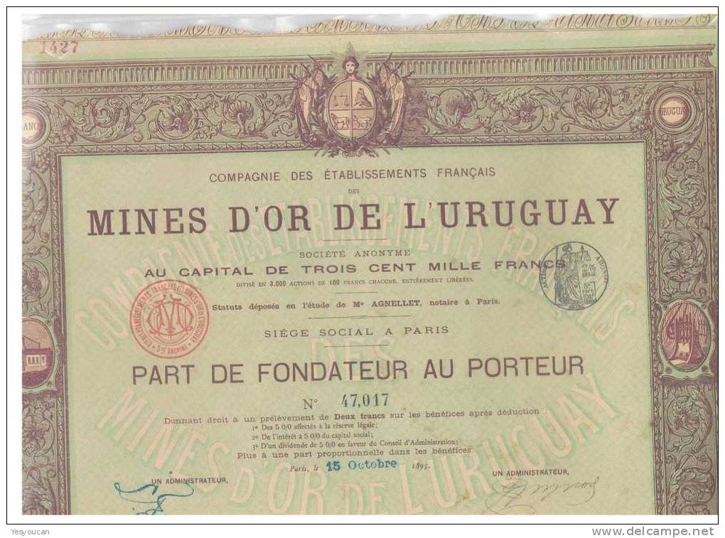 CIE DES ETS FRANCAIS DES MINES D'OR DE L'URUGUAY (PF) 1895 - Mines