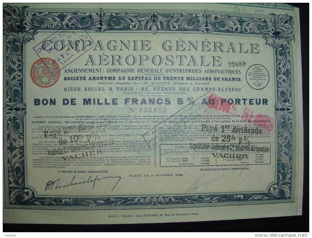 Bon De 1000F " Compagnie Generale Aéropostale  (anc.aéronautiques  ) " Paris 1929 Très Bon état,reste Des Coupons - Transport