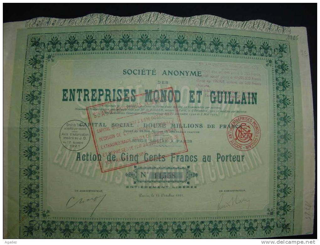 Action"S.A. Des Entreprises Monod Et Guillain" Paris 1921. - Industry