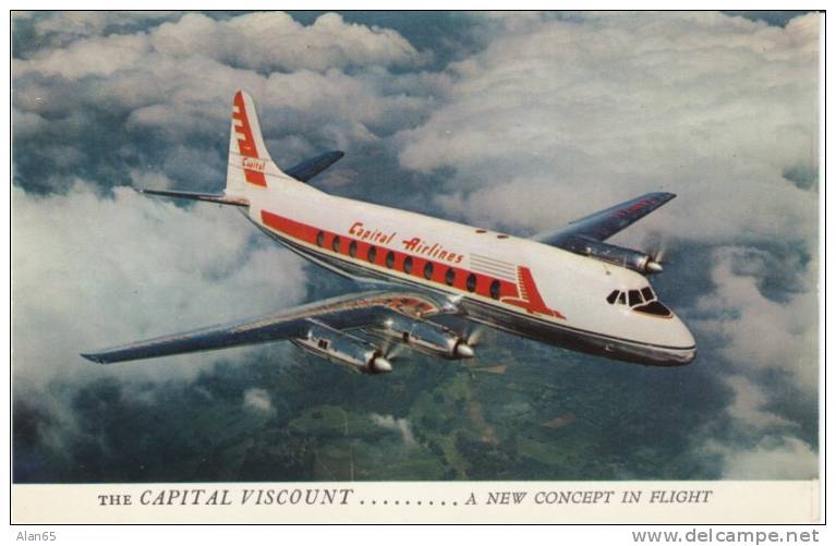 Capital Airlines Viscount Propeller Plane On C1950s Vintage Postcard - 1946-....: Moderne