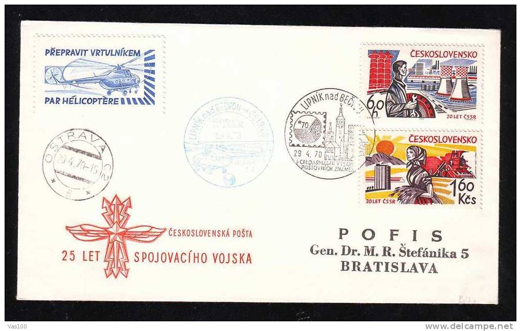 Ceslovenko 1970 Very Rare Cover With Label And PMK Helicopteres. - Hubschrauber