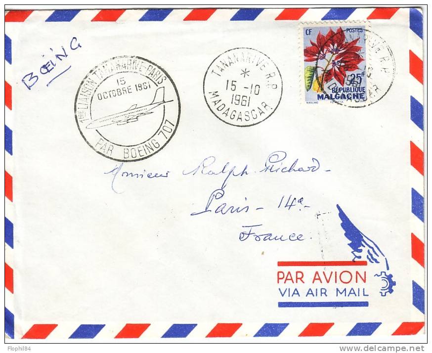 MADAGASCAR-1er LIAISON TANANARIVE PARIS PAR BOING 707 - LE 15-10-1961 - Sonstige & Ohne Zuordnung