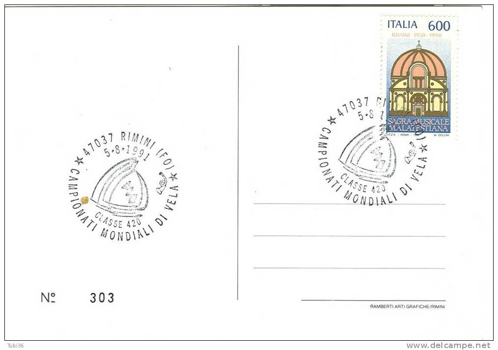 CAMPIONATI MONDIALI DI VELA - RIMINI 1991 -CARTOLINA UFFICIALE CON ANNULLO SPECIALE   FIGURATO - Voile