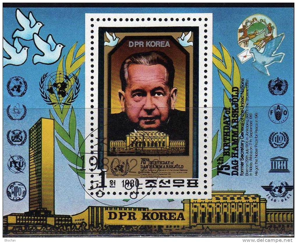UNO New York 1980 Korea 2072 Plus Block 88 O 7 € Schriftsteller Hammarskjöld Aus Schweden Bloc Sheet From Corea - Dag Hammarskjöld