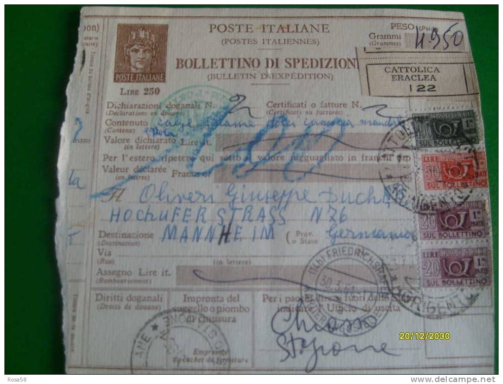 STORIA POST.Bollettino Spediz.PACCHI L. 250 Turrita Tipo Pascotto + 4 Val. Pacchi Raccomandata Da Cattolica Per GERMANIA - Interi Postali