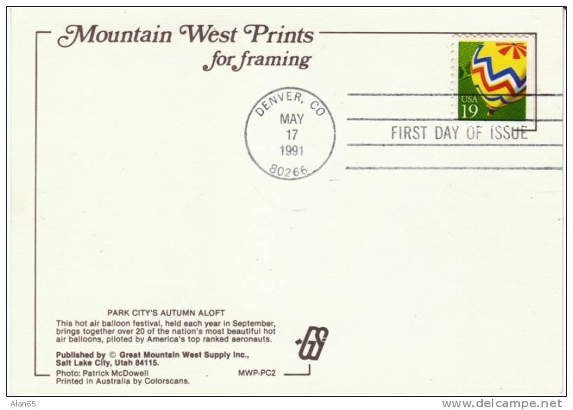 Hot Air Balloons At Park City UT With FDC 19-cent Balloon US Stamp, Denver CO May 17 1991 Postmark Cancel - Luchtballon
