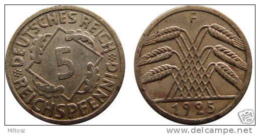 Germany 5 Reichspfennig 1925 F (small 5) - 5 Rentenpfennig & 5 Reichspfennig