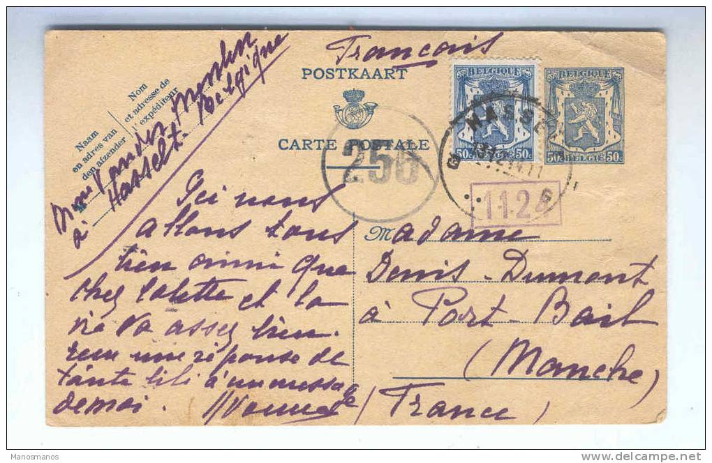 701/14 - Entier Sceau Etat + TP Idem HASSELT 13-12-1944 Vers PORT BAIL France - Double Censure Belge Et Française - WW II (Covers & Documents)