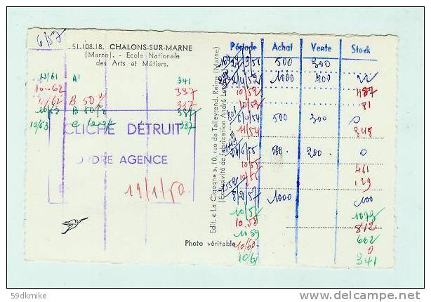 CP Chalons Sur Marne - Ecole Nationale Des Arts Et Métiers - Au Dos Tampon Cliché Détruit Ordre D´agence - Châlons-sur-Marne