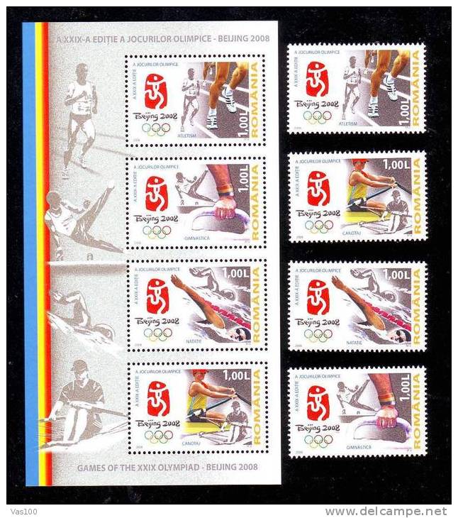 Romania 2008,GAMES OF THE XXIX OLYMPIAD BEIJING BLOCK 1x+ FULL SET,MNH CANOE ROWING,GYMNASTIQUE,ATHLET ISME. - Canoe