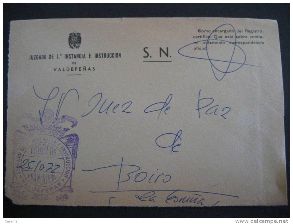 VALDEPEÑAS 1977 Juzgado 1ª Instancia E Instruccion Franquicia Court Justice Sobre Frontal Front Cover Lettre CIUDAD REAL - Postage Free