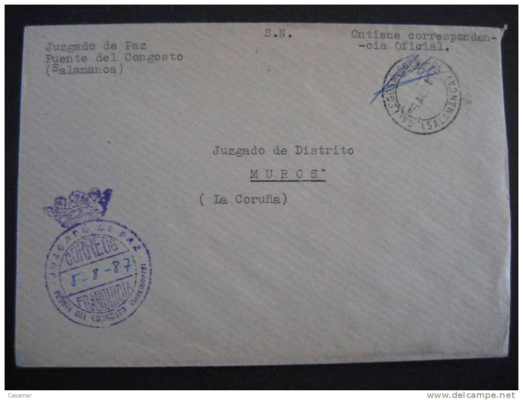 PUENTE DEL CONGOSTO 1987 A Muros Coruña Juzgado De Paz Distrito Franquicia Court Justice Sobre Cover Lettre SALAMANCA - Franchise Postale
