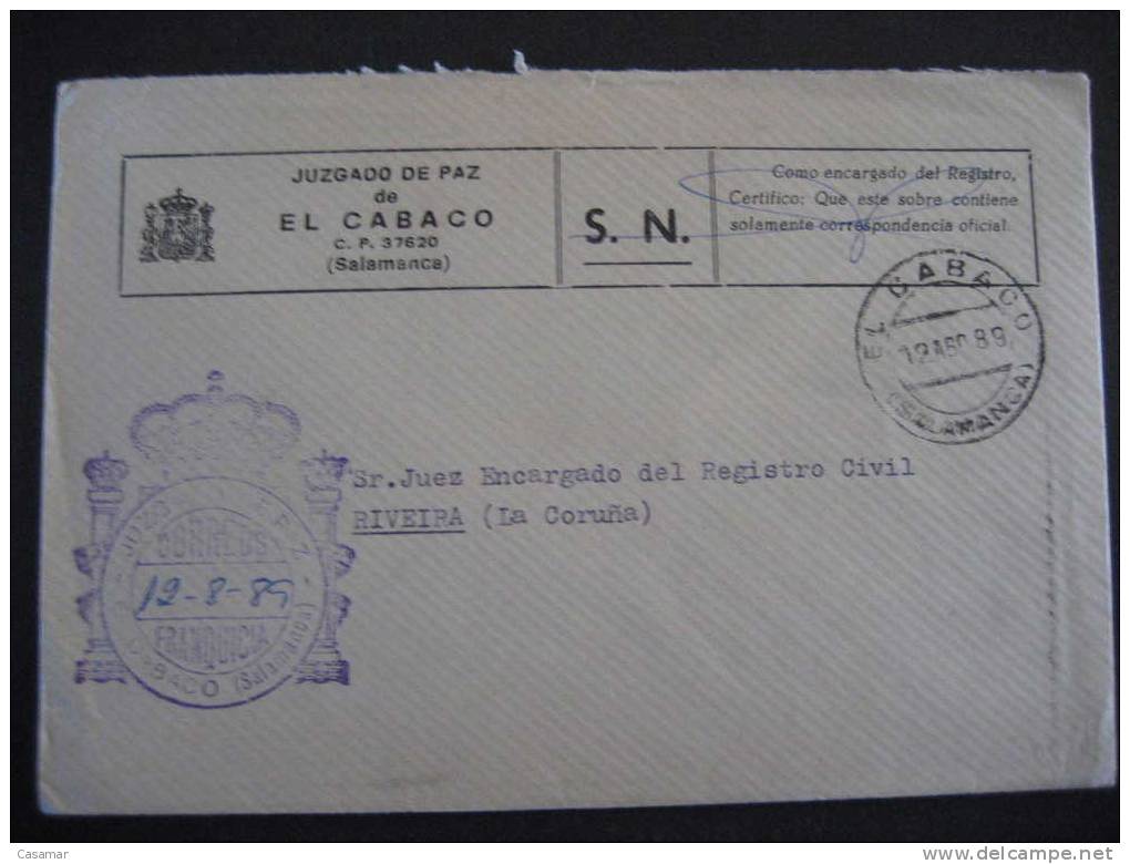EL CABACO 1989 A Ribeira Coruña Juzgado De Paz Franquicia Court Of Justice Sobre Cover Lettre SALAMANCA - Vrijstelling Van Portkosten